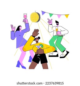 Cocktail party isolated cartoon vector illustrations. Group of young people dancing and drinking cocktails at party, nightlife activity, leisure time with friends at nightclub vector cartoon.