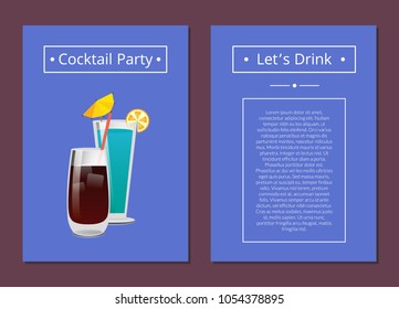 Cocktail party lets drink promo poster drinks made of vodka, cola and mint with ice vector illustration on blue background place for text in frame