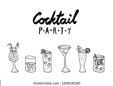 Cocktail party line art. Hand drawn illustration. Alcohol drinks. 