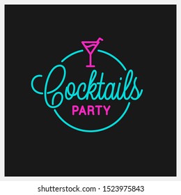 Cocktail party logo. Round linear logo of cocktail glass on black background