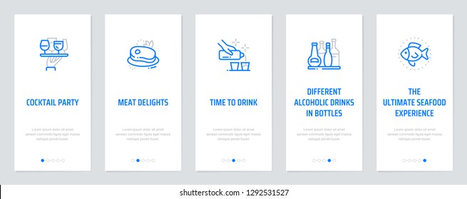 Cocktail party, Meat Delights, Time to drink, Different alcoholic drinks in bottles, The ultimate seafood experience Vertical Cards with strong metaphors. Template for website design.