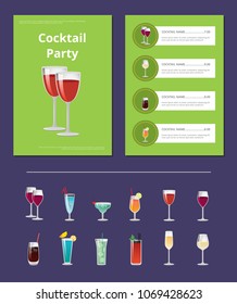 Cocktail party menu with list of cocktails, prices and ingredients, choose your refreshing alcoholic drink poster design, menu cover with cocktail choice