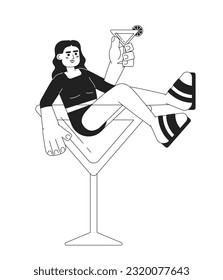 Cocktail party monochrome concept vector spot illustration. Arab woman with margarita glass 2D flat bw cartoon character for web UI design. Summer vibe isolated editable hand drawn hero image