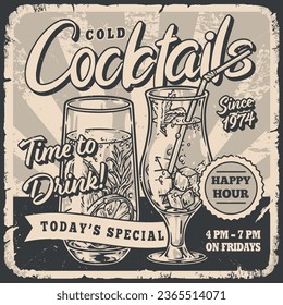 Cocktail party monochrome vintage poster with two glasses fruit drinks with alcohol added and time to drink inscriptions vector illustration