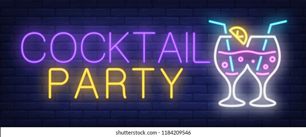 Cocktail party neon sign. Clinking glasses with straws on brick wall background. Vector illustration in neon style for bar, club, invitation, announcement