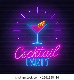 Cocktail Party neon sign on brick wall background.