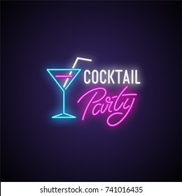 Cocktail party neon signboard. Vector Illustration.