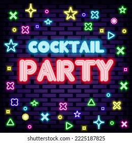 Cocktail Party Neon signboards. Glowing with colorful neon light. Announcement neon signboard. Trendy design elements. Vector Illustration