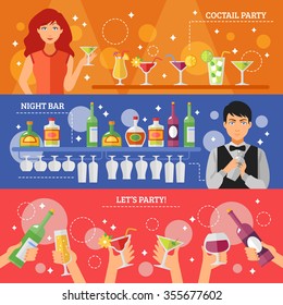 Cocktail Party In Night Bar 3 Flat Horizontal Colorful Festive Banners With Alcohol Drinks Abstract Isolated  Vector Illustration