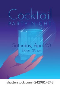 Cocktail party night poster. Advertisement of club life. Hand with cocktail. Neon gradient. Vector illustration