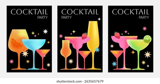 Cocktail party. Night poster design, menu, bar, champagne, cocktail, aperol, and stars on black background.