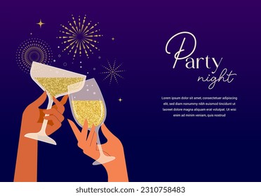 Cocktail party night template design. Hands holding cocktails, wine and Champaign glasses. Anniversary, birthday greeting card, vector concept design