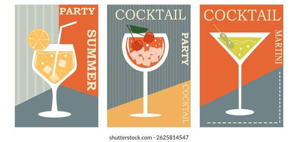 Cocktail Party, Nightclub. Set of flat poster, label, cover. Different glasses according to the menu. Alcoholic drinks.
