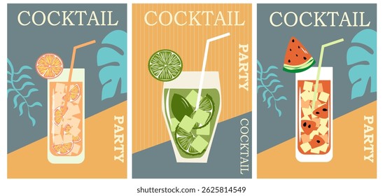 Cocktail Party, Nightclub. Set of flat poster, label, cover. Different glasses according to the menu. Alcoholic drinks.