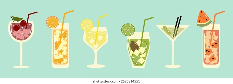 Cocktail Party, Nightclub. Set of flat poster, label, cover. Different glasses according to the menu. Alcoholic drinks.