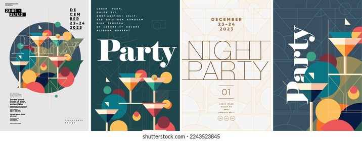 Cocktail Party. Nightclub. Typography design. Set of flat vector illustrations.  Poster, label, cover.