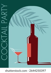 Cocktail party on the beach, summer bar area, tropics, palm tree shade. Bottle of alcohol and glass, red wine, cocktail, martini, festival, poster for wine shop