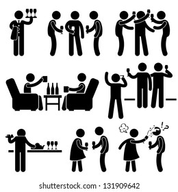 Cocktail Party People Man Friend Gathering Enjoying Wine Beer Stick Figure Pictogram Icon
