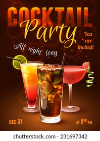 Cocktail party poster with alcohol drinks in glasses on dark background vector illustration.