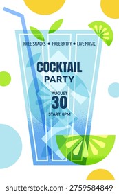 Cocktail party poster banner background design. Mojito drinking glass frame with place for text. Vector illustration for bar promotion, happy hours flyer and nightlife event
