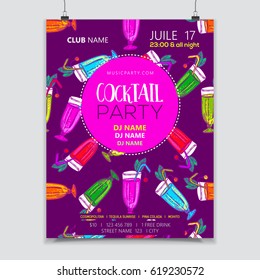 Cocktail party poster. Decorative pattern with summer drinks. Vector illustration.