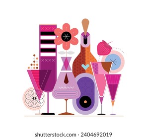 Cocktail party poster design. Geometric style colored image of a cocktail glasses and a bottle of liquor isolated on a white background.