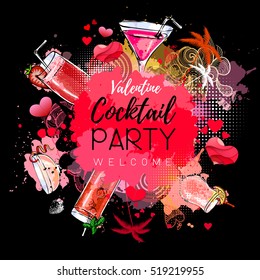 Cocktail party poster design. Cocktail menu. Valentine`s day