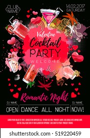 Cocktail party poster design. Cocktail menu. Valentine`s day