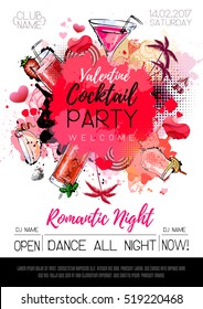 Cocktail party poster design. Cocktail menu. Valentine`s day