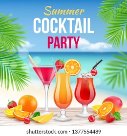 Cocktail party poster. Invitation to drinking alcohol summer party martini whiskey margarita vector realistic placard