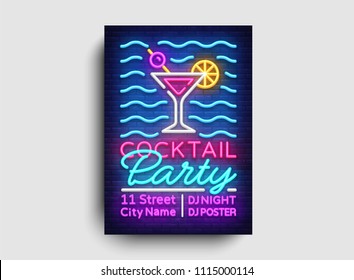 Cocktail party poster neon vector. Summer party design template, bright neon brochure, modern trend design, light banner, typography invitation to the party, advertising postcard. Vector illustration
