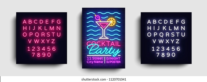 Cocktail party poster neon vector. Summer party design template, bright neon brochure, modern trend design, light banner, typography invitation to the party, postcard. Vector. Editing text neon sign