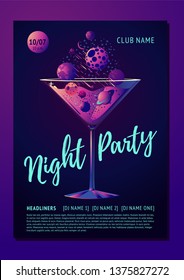 Cocktail Party Poster For A Night Club. Futuristic Neon Style Illustration With Planet And Glass. Invitation Template.