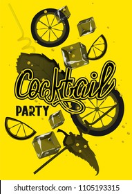 Cocktail  party  poster with cocktail objects. Black and yellow Vector illustration