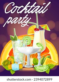 Cocktail party poster, purple background. Mojito, Margarita and Pina colada collection. Summer holiday, vacation and resort disco vibe. Alcohol party. Invitation card. Vector illustration