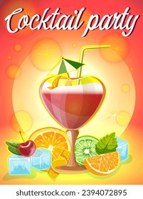 Cocktail party poster, red background. Cosmopolitan collection. Summer holiday, vacation and resort disco vibe. Alcohol party. Invitation card. Orange, lime, mint, ice. Vector illustration