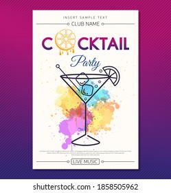 Cocktail party poster template. 
Poster design with cocktail glass on Colorful Watercolor background. Vector illustration.