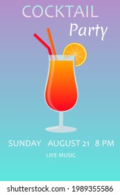 Cocktail party poster template. Poster design with colorful cocktail glass on gradient background.