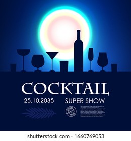 Cocktail party poster template with glasses, bottle and moonlight.