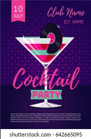 Cocktail party. Poster template for night party and club. Disco music illustration.