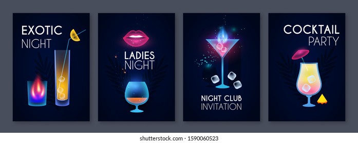 Cocktail party poster template set. Cool bar menu. Neon shining flyer design.