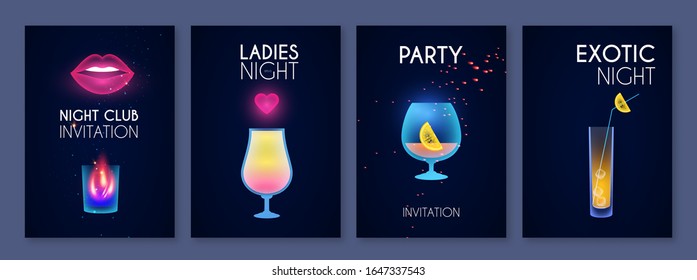 Cocktail party poster template set. Cool bar menu. Neon shining flyer design.