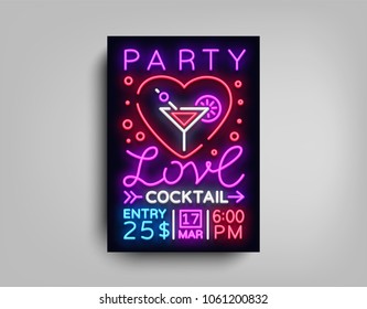 Cocktail party poster vector template. Love Cocktail party, Poster neon, Neon sign, Light banner, bright invitation to party or dance, nightlife brochure, typography, postcard to Valentines day