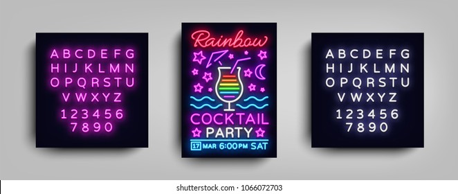 Cocktail party poster vector template. Rainbow Cocktail Party, Poster Neon, Neon Sign, Light Banner, Bright Invitation to Party or Dance, Typography, Postcard for Nightclub. Editing text neon sign