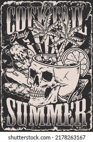 Cocktail Party Posterer Vintage Monochrome Summer Drinks In Skull And Sweet Desserts For Beach Rave In Grunge Style Vector Illustration