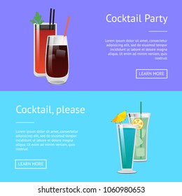 Cocktail party posters set bloody mary, whiskey or vodka cola, blue lagoon and mojito beverage drinks in glasses vector illustration web page design