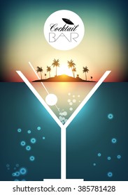 Cocktail Party Retro Poster Design With Tropical Island - Vector Illustration