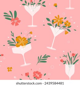 Cocktail party seamless pattern. Flowers in champagne, wine, martini drinking glass. Floral drink, fresh summer juice, spring beverage. Cheer vector illustration. Abstract background, textile design