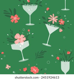 Cocktail party seamless pattern. Flowers in champagne, wine, martini drinking glass. Floral drink, fresh summer juice, spring beverage. Cheer vector illustration. Abstract background, textile design