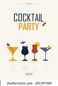 Cocktail party. Simple retro poster with different drinks. Summer cardeps